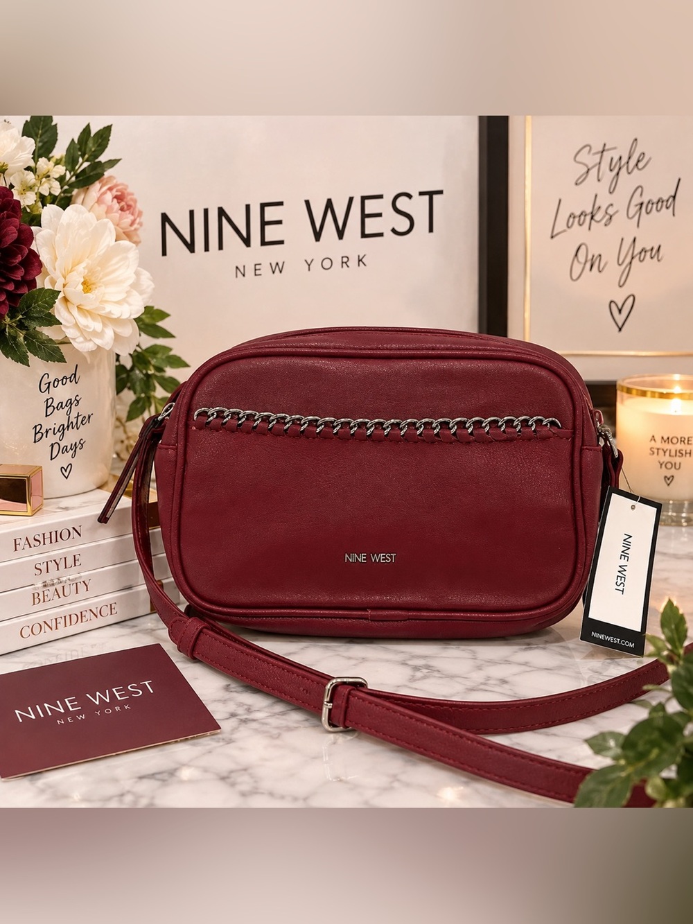 NWT Nine West Burgundy Crossbody Bag with Silver Chain Detail